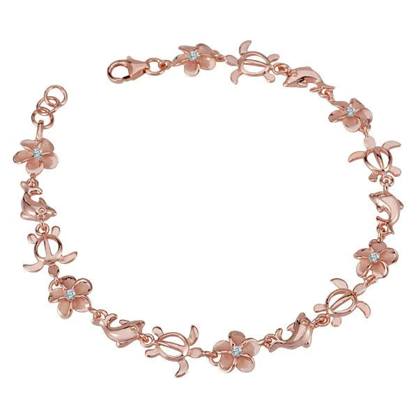 Hawaiian 925 Sterling Silver plumeria CZ Honu Dolphin bracelet with 8mm beads, featuring a dolphin charm and pink plating.