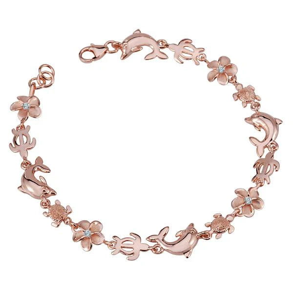 Hawaiian 925 Sterling Silver dolphin Honu Plumeria CZ bracelet with 8mm beads, featuring a tropical-inspired design and pink.