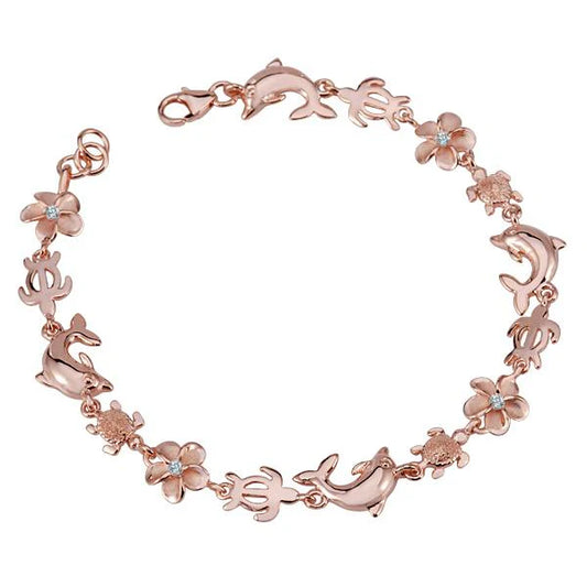 Sterling silver Dolphin Honu Plumeria CZ bracelet with 8mm beads, featuring a tropical-inspired design and purple plating.