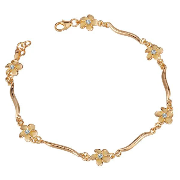 Hawaiian 925 Sterling Silver plumeria Flower Wave YG plated bracelet featuring floral design and elegant wave pattern.