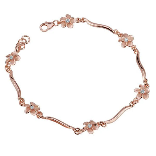 Sterling silver Plumeria Flower Wave PG plated bracelet featuring a delicate floral design and ocean-inspired wave pattern.