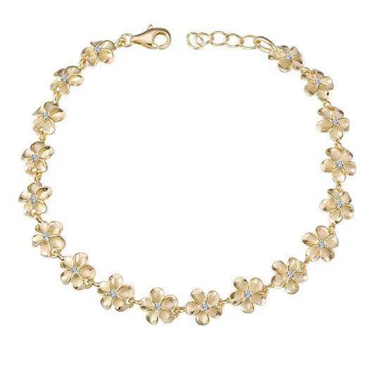 Sterling silver Plumeria CZ YG plated bracelet with 10mm floral charms, crafted by Ashley's Gift Shop