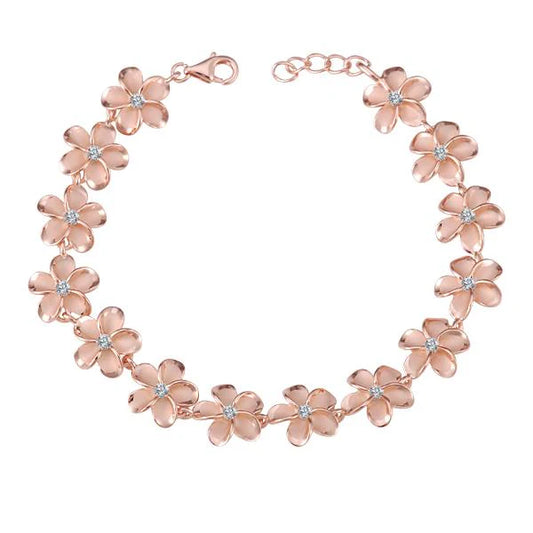 Sterling silver Plumeria CZ PG plated bracelet with 12mm links, featuring floral design and sparkling cubic zirconia accents.