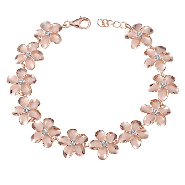 Hawaiian 925 Sterling Silver plumeria CZ PG plated bracelet, featuring 15mm floral design and sparkling cubic zirconia.