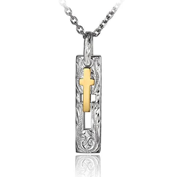 Hawaiian 925 Sterling Silver sCR Hollow Cross and YG Cross pendant with intricate design.