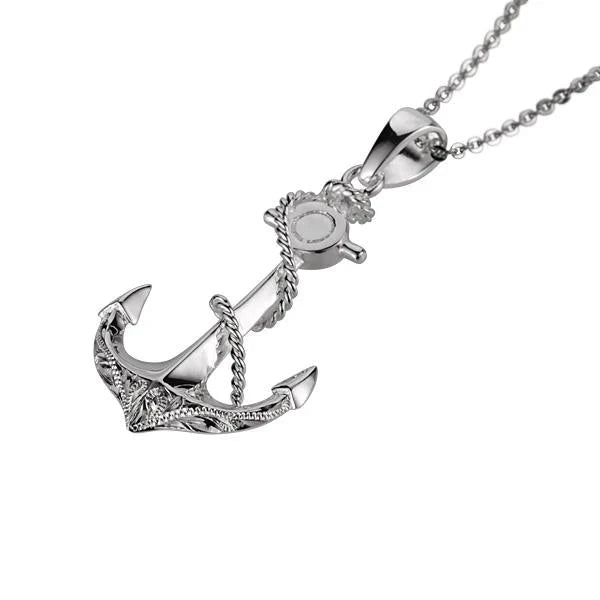 Hawaiian 925 Sterling Silver scroll Anchor Rope Pendant in small size, featuring intricate details and a polished finish.