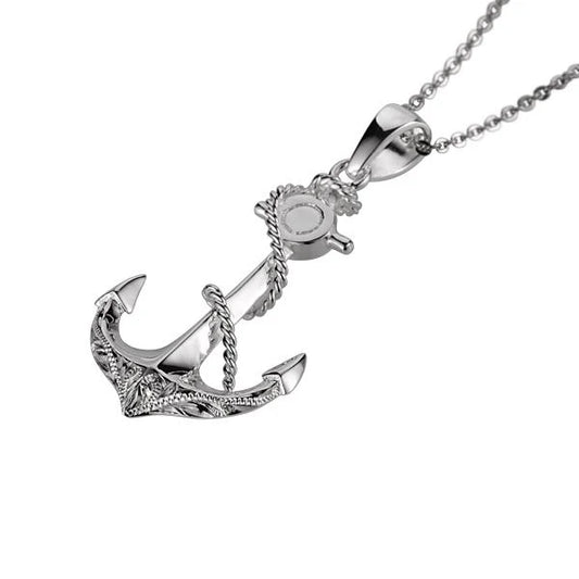 Small scroll anchor rope pendant necklace in metal, featuring intricate nautical design, perfect for maritime-inspired jewelry.