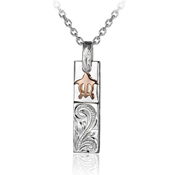 Hawaiian 925 Sterling Silver scroll bar with a honu turtle pendant, featuring intricate design and polished finish.