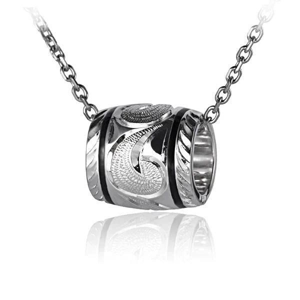 Hawaiian 925 Sterling Silver scroll Barrel B/B Pendant, medium size, featuring intricate scroll and barrel design.