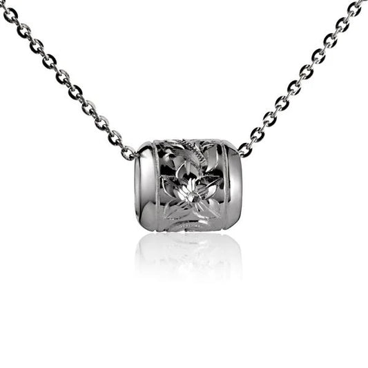 Scroll Barrel Pendant from Ashley's Gift Shop featuring a detailed metal scroll design hanging from a chain.