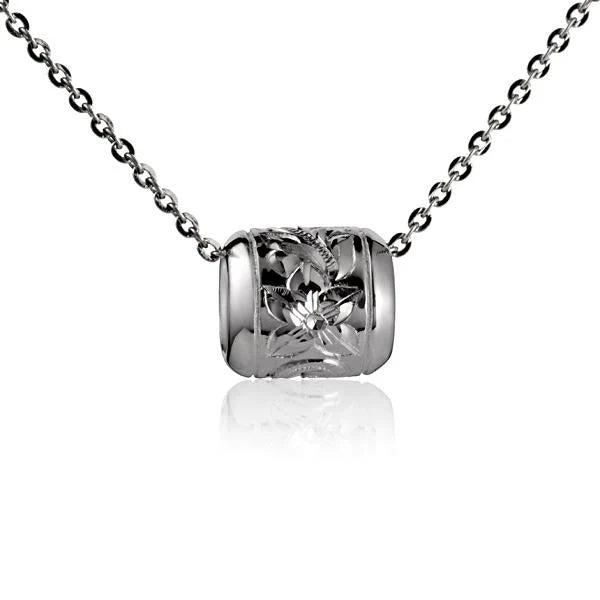 Hawaiian 925 Sterling Silver scroll Barrel Pendant featuring intricate scroll designs.