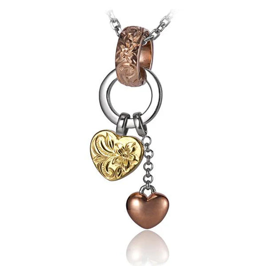 Scroll bell with two heart pendants, decorative jewelry piece by Ashley's Gift Shop, featuring intricate design and charming accents.