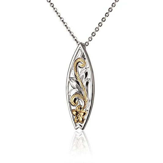 Ashley’s Gift Shop Scroll C/O Surfboard 2T Pendant showing a detailed silver surfboard charm on a chain.