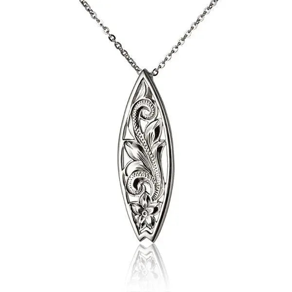 Hawaiian 925 Sterling Silver scroll c/o surfboard pendant, handcrafted jewelry piece with intricate design.