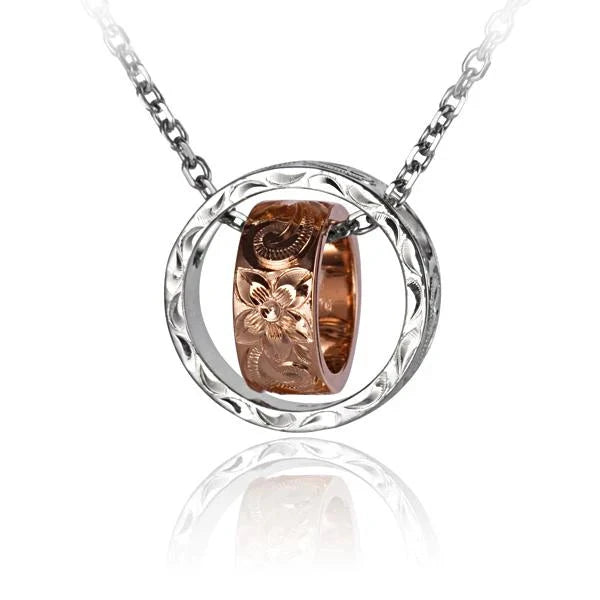 Hawaiian 925 Sterling Silver scroll circle and ring pendant with intricate design.