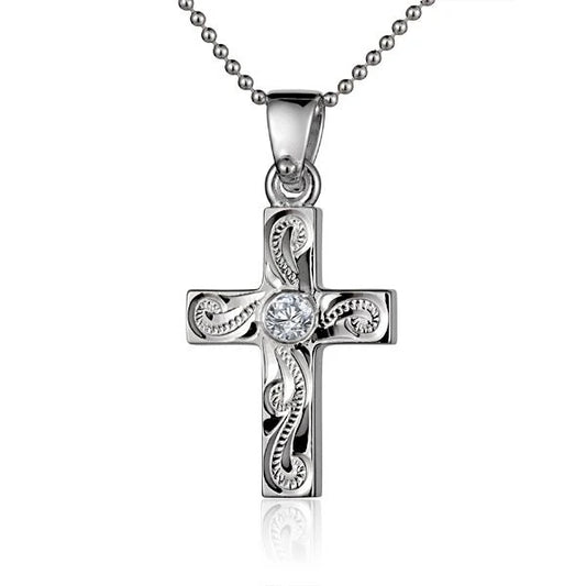 Scroll Cross CZ pendant with intricate design and sparkling cubic zirconia accents, crafted by Ashley's Gift Shop.