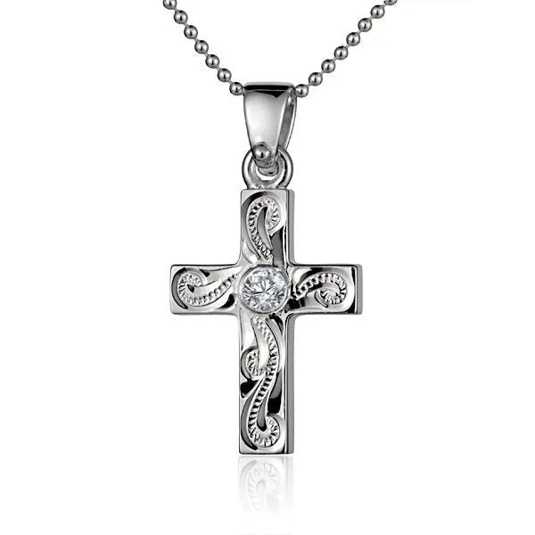 Hawaiian 925 Sterling Silver scroll Cross CZ Pendant with intricate design, featuring sparkling cubic zirconia accents.
