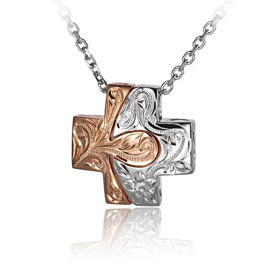 Pair of scroll cross pendants in antique silver finish, featuring intricate detailing, perfect for necklaces or religious jewelry.