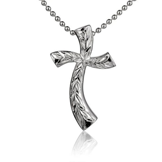 Silver Scroll Cross Pendant from Ashley's Gift Shop featuring a detailed, elegant religious jewelry design.
