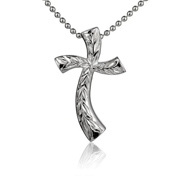 Hawaiian 925 Sterling Silver scroll cross pendant with intricate design, crafted from 925 sterling silver.