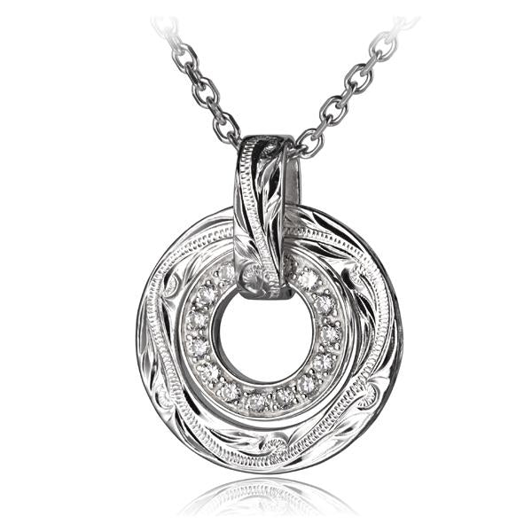 Hawaiian 925 Sterling Silver scroll and CZ double ring pendant with intricate design, featuring sparkling cubic zirconia.