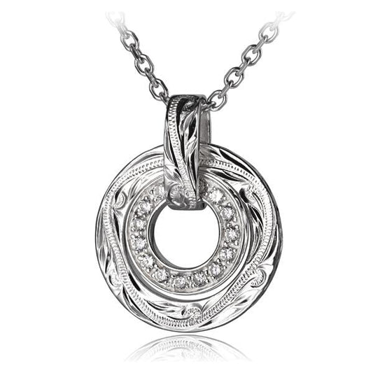 Scroll and CZ double ring pendant necklace featuring a decorative metal scroll and sparkling cubic zirconia accents.