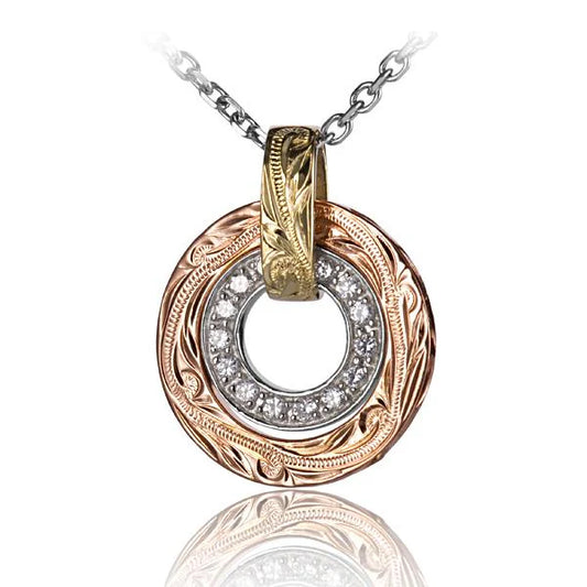 Ashley’s Gift Shop Scroll and CZ double ring pendant featuring intricate scroll design and sparkling cubic zirconia accents.