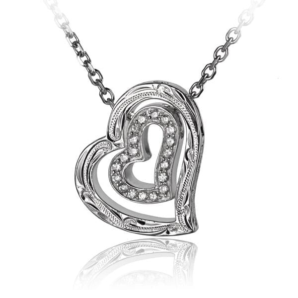 Hawaiian 925 Sterling Silver scroll+ CZ Heart Pendant with intricate design.