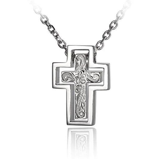Silver scroll double cross pendant necklace with intricate detailing, designed by Ashley's Gift Shop.