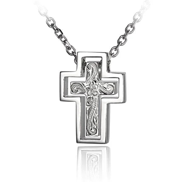 Hawaiian 925 Sterling Silver scroll Double Cross Pendant with intricate detailing.