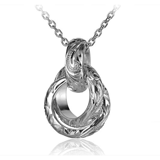 Gold scroll double rings pendant from Ashley's Gift Shop, featuring intricate designs and a delicate chain.