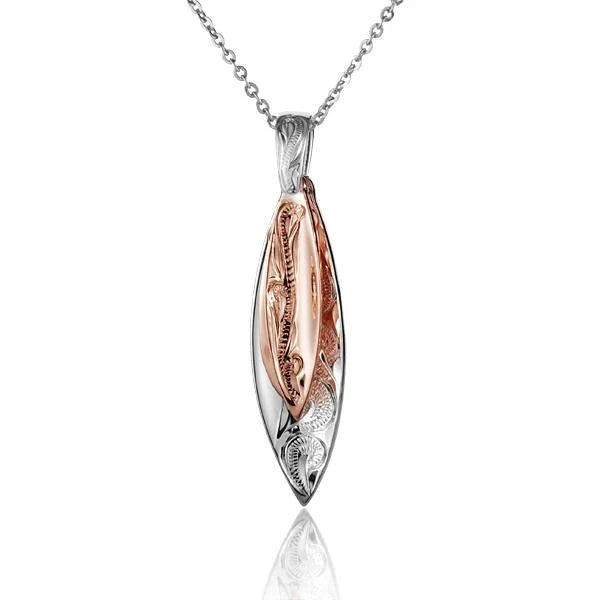 Hawaiian 925 Sterling Silver scroll Double Surfboard Pendant featuring intricate scroll design.