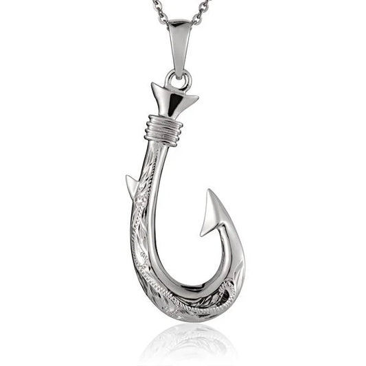 Scroll Fish Hook Pendant by Ashley's Gift Shop featuring intricate metal scroll design and a fish hook shape on a silver chain