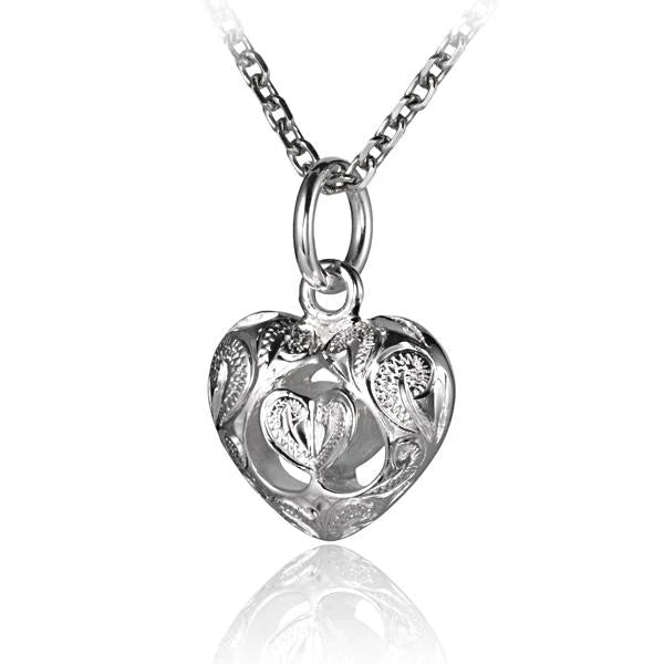 Hawaiian 925 Sterling Silver scroll Heart 3D pendant with intricate scroll design.
