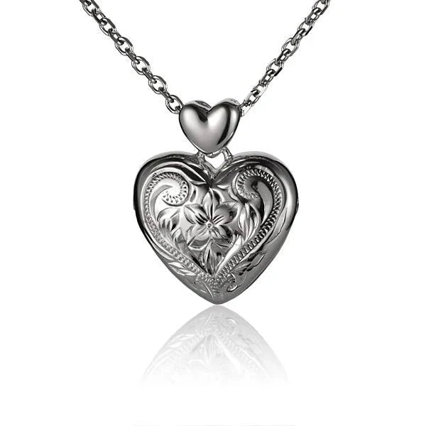 Hawaiian 925 Sterling Silver scroll heart locket pendant with intricate design, small size.