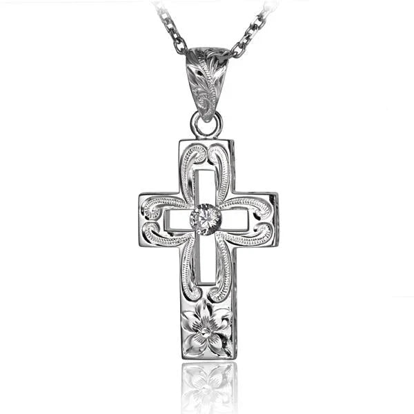 Hawaiian 925 Sterling Silver scroll Hollow Cross Pendant with 1 CZ, featuring intricate design and detailed craftsmanship.