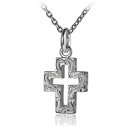 Hollow scroll cross pendant in silver tone with intricate detailing, designed for necklace jewelry.