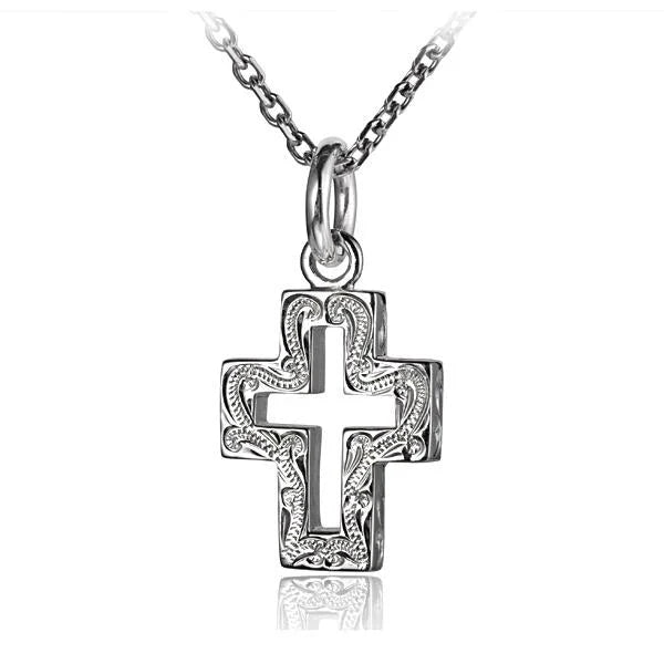 Hawaiian 925 Sterling Silver scroll Hollow Cross Pendant with intricate design.