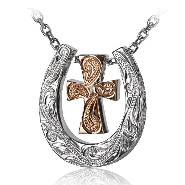 Hawaiian 925 Sterling Silver scroll Horse Shoe and Cross Pendant with intricate detailing.