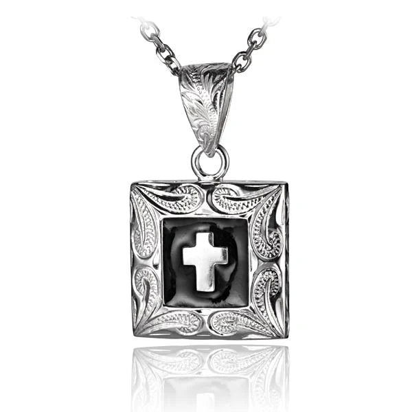 Hawaiian 925 Sterling Silver scroll plate with black cross pendant, featuring intricate design and elegant craftsmanship.