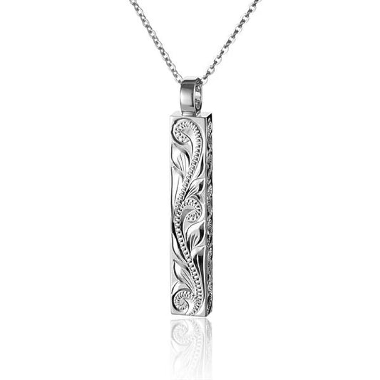 Vertical scroll pendant with side engraving from Ashley's Gift Shop, featuring intricate details and a sleek design.
