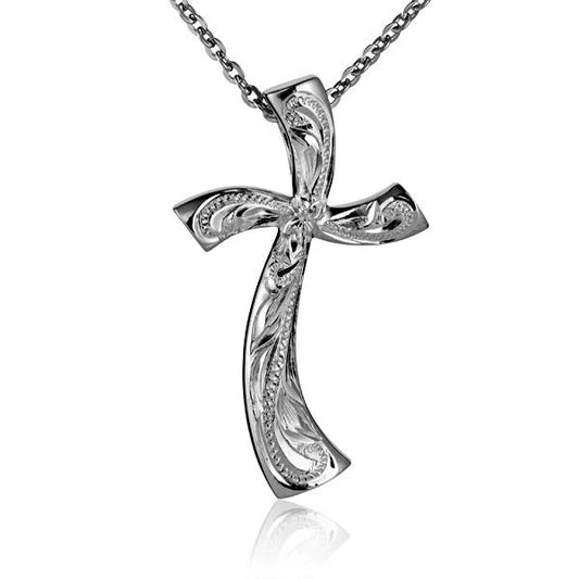 Scroll Wave Cross Pendant in large size, featuring intricate metalwork and a flowing wave design, crafted by Ashley's Gift Shop.