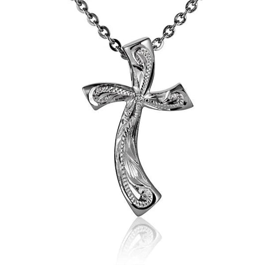 Small Scroll Wave Cross Pendant in silver with intricate design, perfect for necklace jewelry.