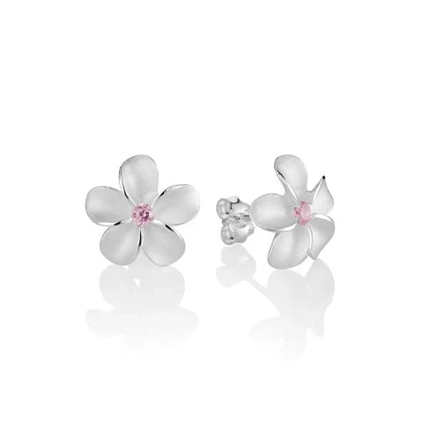 Hawaiian 925 Sterling Silver plumeria Pink CZ earring, 12mm, featuring a floral design with pink cubic zirconia accents.