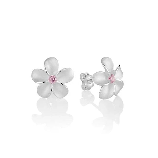 Pink CZ plumeria earring in 925 sterling silver, 12mm size with floral design from Ashley's Gift Shop.