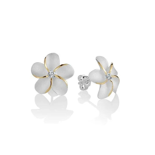 Sterling silver Plumeria CZ YG plated earrings, 15mm, featuring floral design and vibrant yellow gold plating.