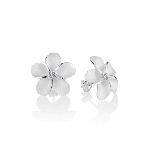 Sterling silver Plumeria CZ earring featuring an 18mm floral design, crafted by Ashley's Gift Shop.