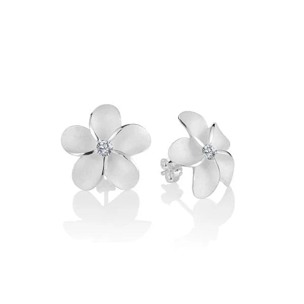Hawaiian 925 Sterling Silver plumeria CZ earring, 18mm, with a floral design and sparkling cubic zirconia stones.