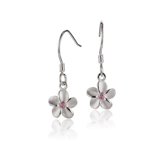 Sterling silver Plumeria Pink CZ hook earring featuring an 8mm pink cubic zirconia stone, crafted by Ashley's Gift Shop.