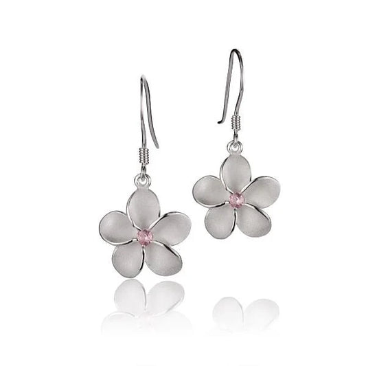 Sterling silver Plumeria Pink CZ hook earring, 15mm, featuring a floral design with pink cubic zirconia accents.